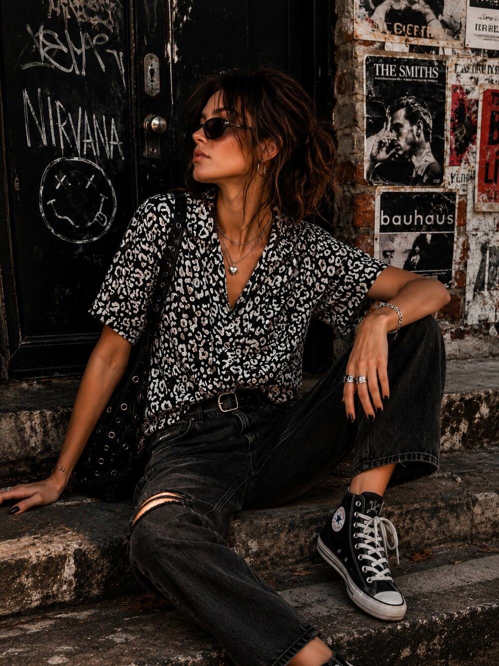 Urban Outfitters Black White Leopard Print Viscose Button Front Blouse M